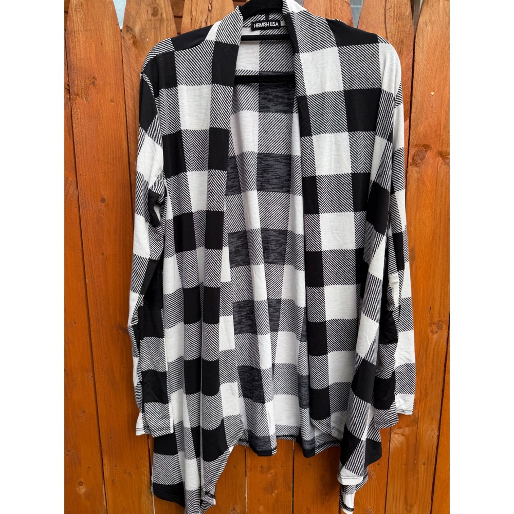 Heimish USA Buffalo Plaid Open Front Cardigan Black White Elbow Patch Womens